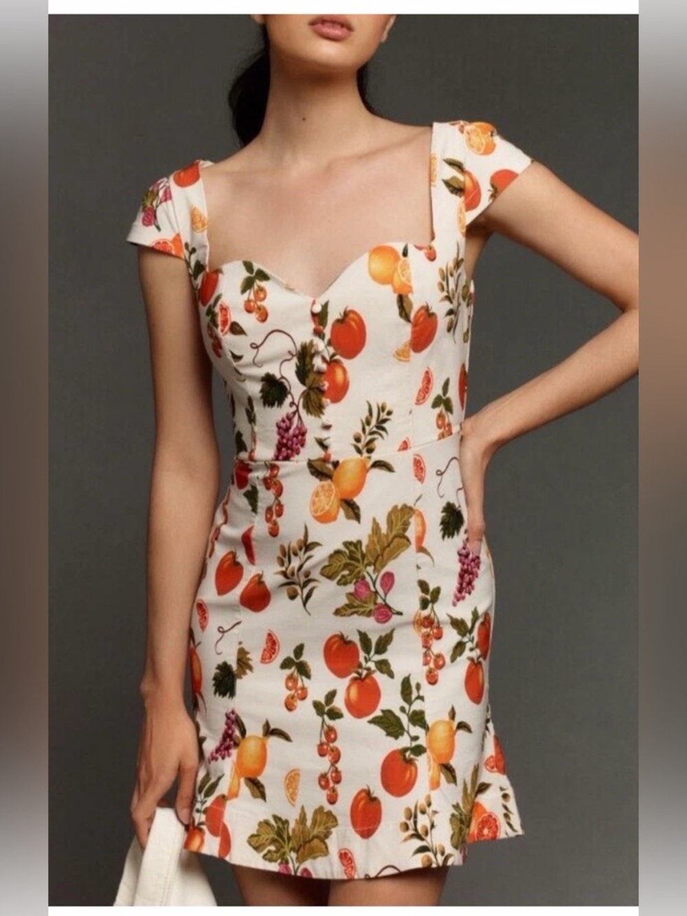 Anthropologie Cecily Fit Flare Sweetheart White Fruit-Print Mini Dress Size M